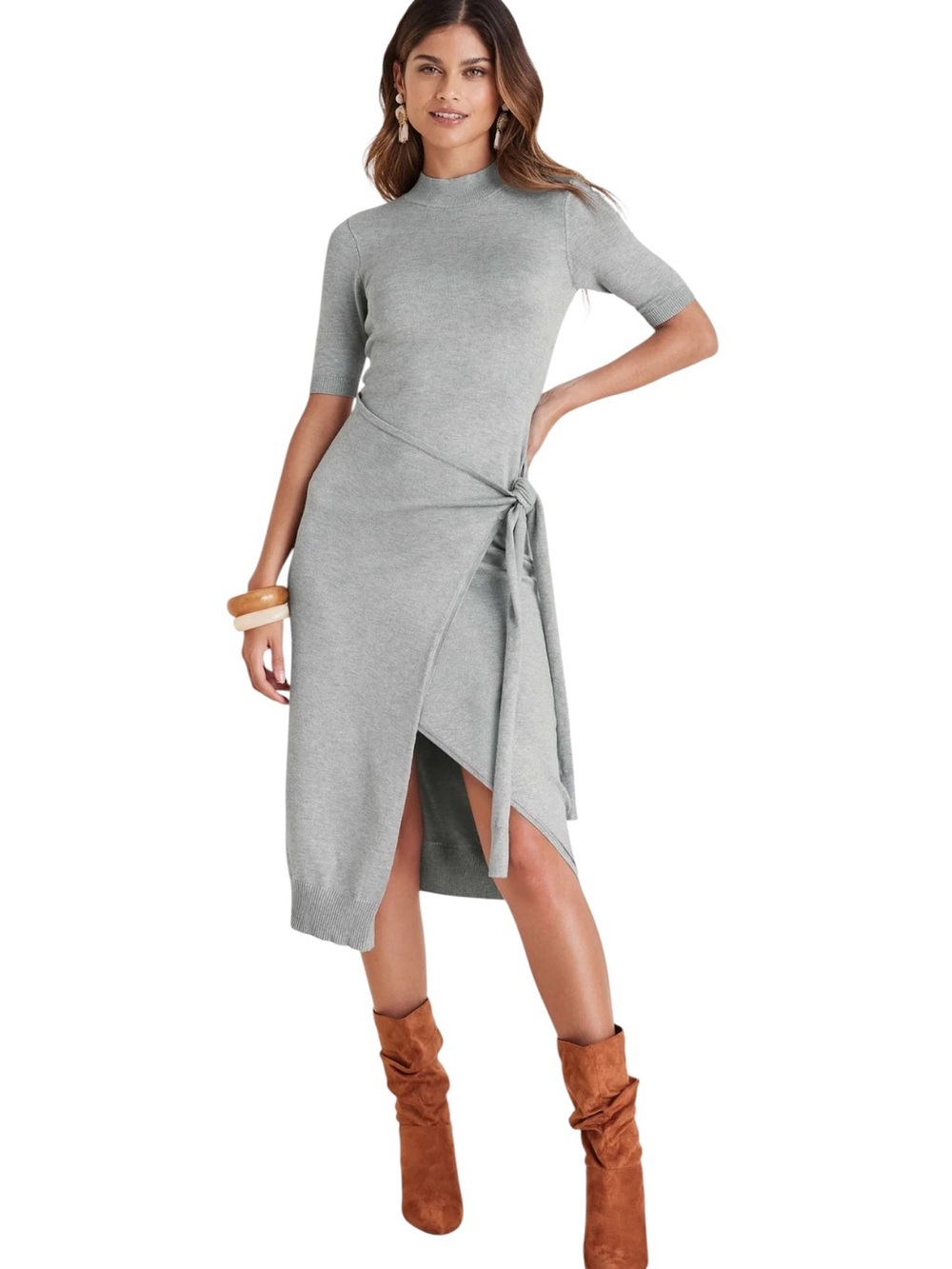 VENUS Light Gray Knit Wrap Midi Dress